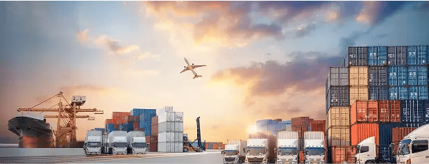 shipping yard with plane in background